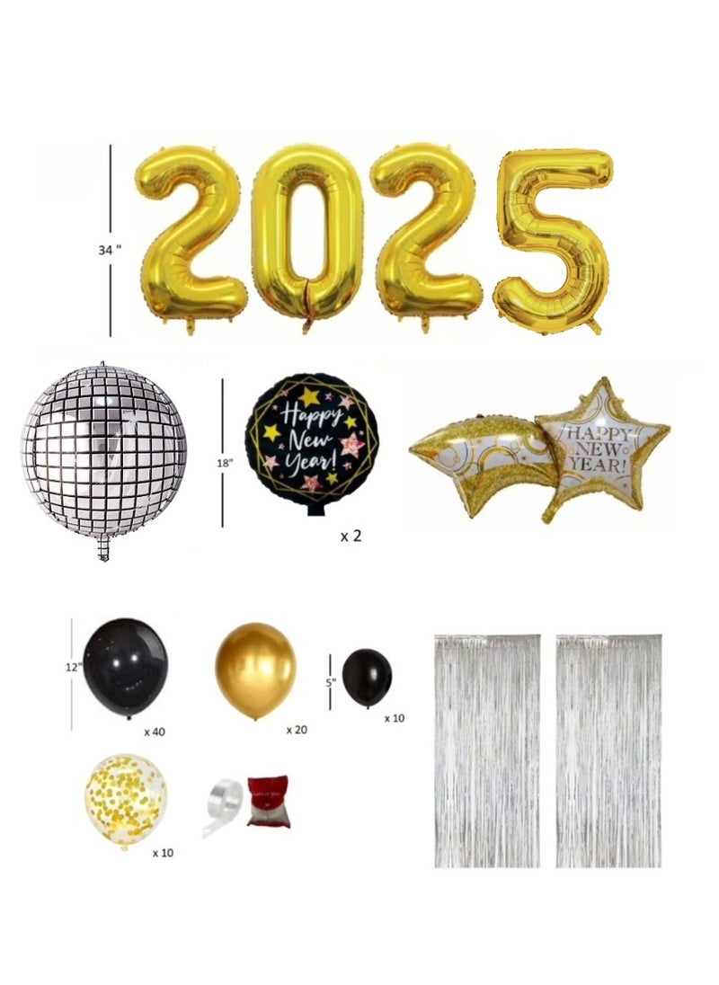 Boxwoods 91 PCS Black Golden Foil Chrome And Confetti Balloons With Silver Foil Curtain Backdrop Happy New Year 2025 Party Décor Set  - Image 2