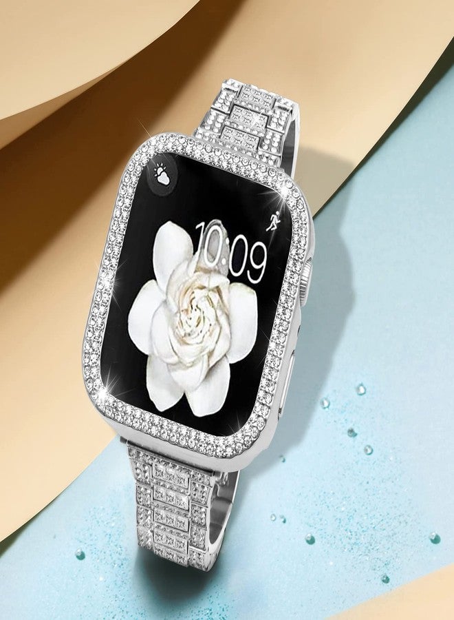 Mosonio Compatible with Apple Watch Band 46mm S10 with Case Women, Bling Metal Wristband Strap with 2 Pack Bling PC Protective Cover for iWatch SE Series 10(46mm,Silver) - Image 2