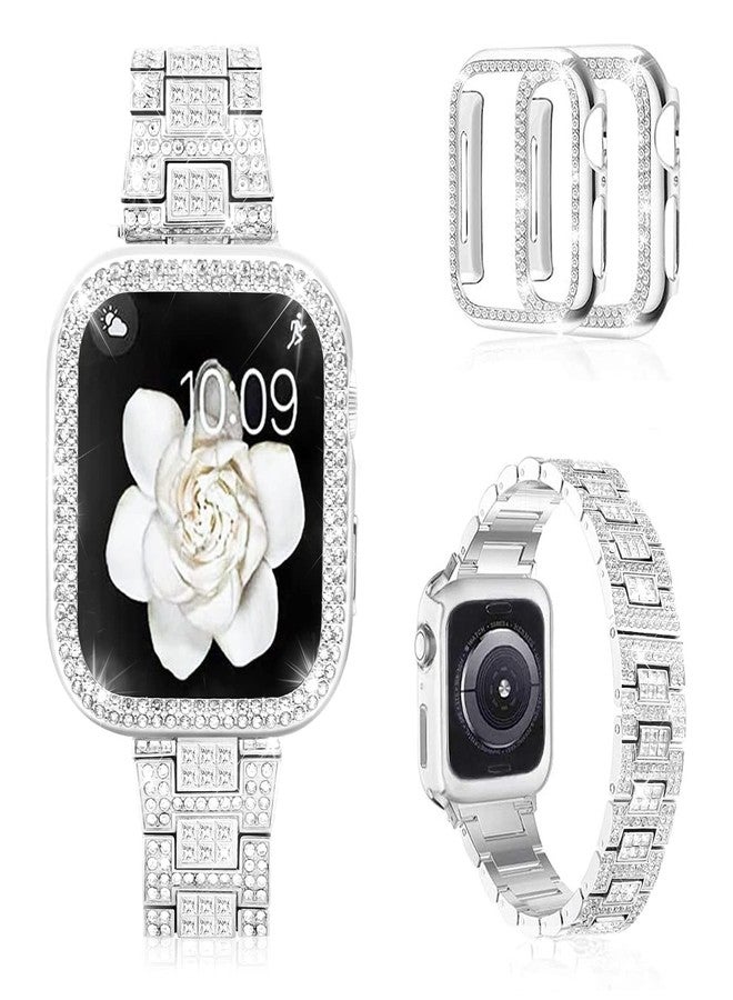 Mosonio Compatible with Apple Watch Band 46mm S10 with Case Women, Bling Metal Wristband Strap with 2 Pack Bling PC Protective Cover for iWatch SE Series 10(46mm,Silver) - Image 1