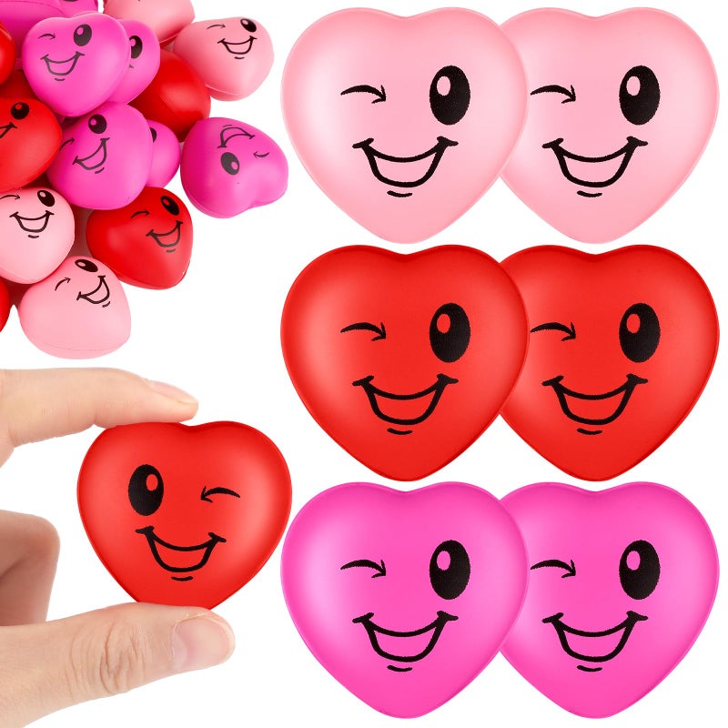 Halloscume 60 Pcs Valentines Day Heart Stress Balls Bulk Mini 16 Smile Face Squeeze Foam Relief Heart Shaped Stress Ball for Valentine Galentine Party Gifts Bag Fillers Adults Carnival Reward 3 Colors - Image 3