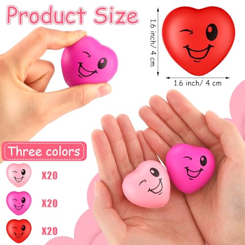 Halloscume 60 Pcs Valentines Day Heart Stress Balls Bulk Mini 16 Smile Face Squeeze Foam Relief Heart Shaped Stress Ball for Valentine Galentine Party Gifts Bag Fillers Adults Carnival Reward 3 Colors - Image 5