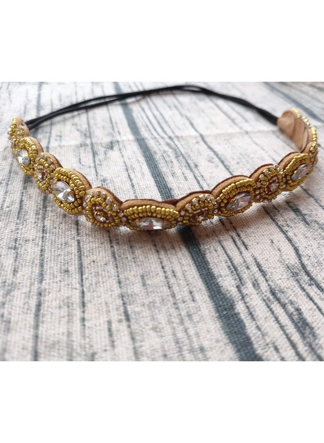 جيلوكيبو عصابة رأس من جيلوكيبو مصنوعة يدويًا من خرز كريستال وأحجار الراين، عصابة رأس مرنة بتصميم كلاسيكي، إكسسوارات شعر، أغطية رأس للنساء والعرائس (ذهبي) - Image 5