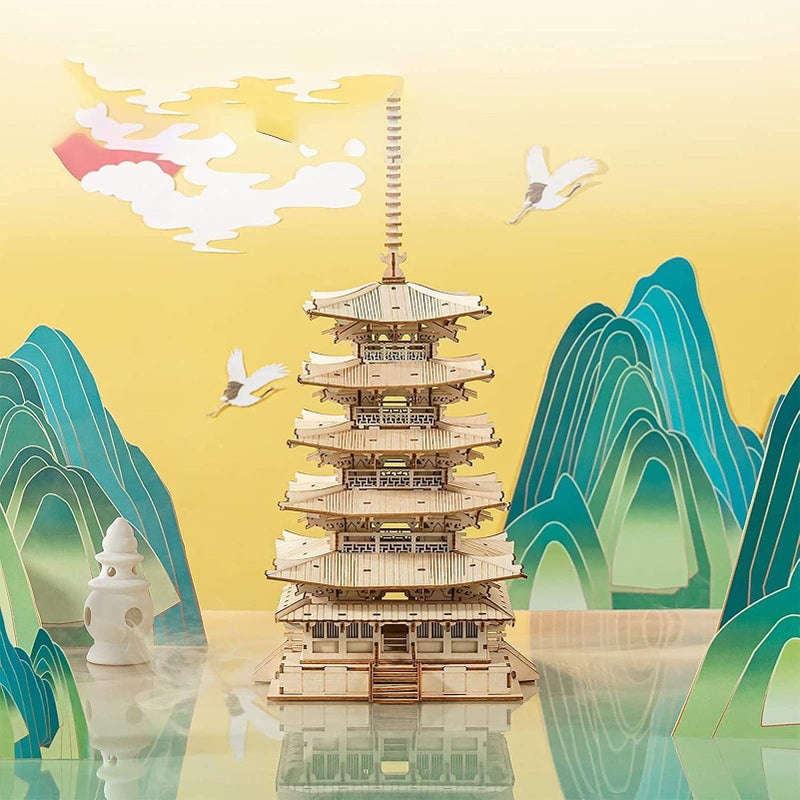 ROBOTIME 3D Puzzles Wooden Mechanical Model Kits DIY 5-Tier Pagoda Craft Sets Creative Puzzle Sets Adults for Building - Image 2