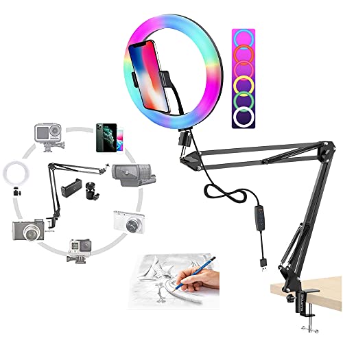BROLAVIYA Overhead Video Mobile Stand with RGB Color 10inch Ring Light, Metal Arm,1/4" Male Adaptor for Camera,Gopro,Mobile Bracket for Video,Desktop,Bedroom, Office - Image 1
