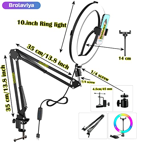 BROLAVIYA Overhead Video Mobile Stand with RGB Color 10inch Ring Light, Metal Arm,1/4" Male Adaptor for Camera,Gopro,Mobile Bracket for Video,Desktop,Bedroom, Office - Image 4