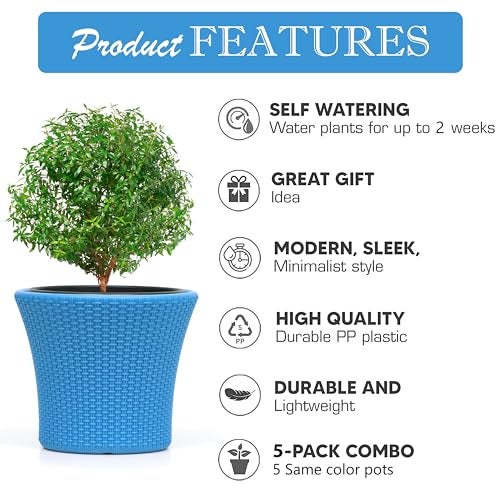 Livzing 9 Inch Self Watering Pot-Plastic Flower Pot-Gamla Planter Pot-Modern Decorative Planter Perfect for Indoor-Outdoor-Balcony-Garden-Living Room-Home-Blue(Pack of 5) - Image 5