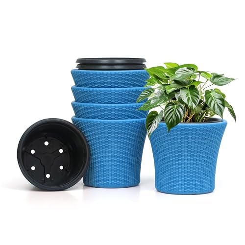 Livzing 9 Inch Self Watering Pot-Plastic Flower Pot-Gamla Planter Pot-Modern Decorative Planter Perfect for Indoor-Outdoor-Balcony-Garden-Living Room-Home-Blue(Pack of 5) - Image 1