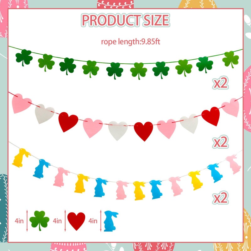 YOUDRN Valentines Day Decorations 6pcs Felt Garland Pre-Assembled Versatile Valentine's Day Hearts St. Patrick's Day Shamrock Easter Bunny Banner Set,Valentine's Day Garland Decor for Home,Mantle,Wall,Office - Image 2