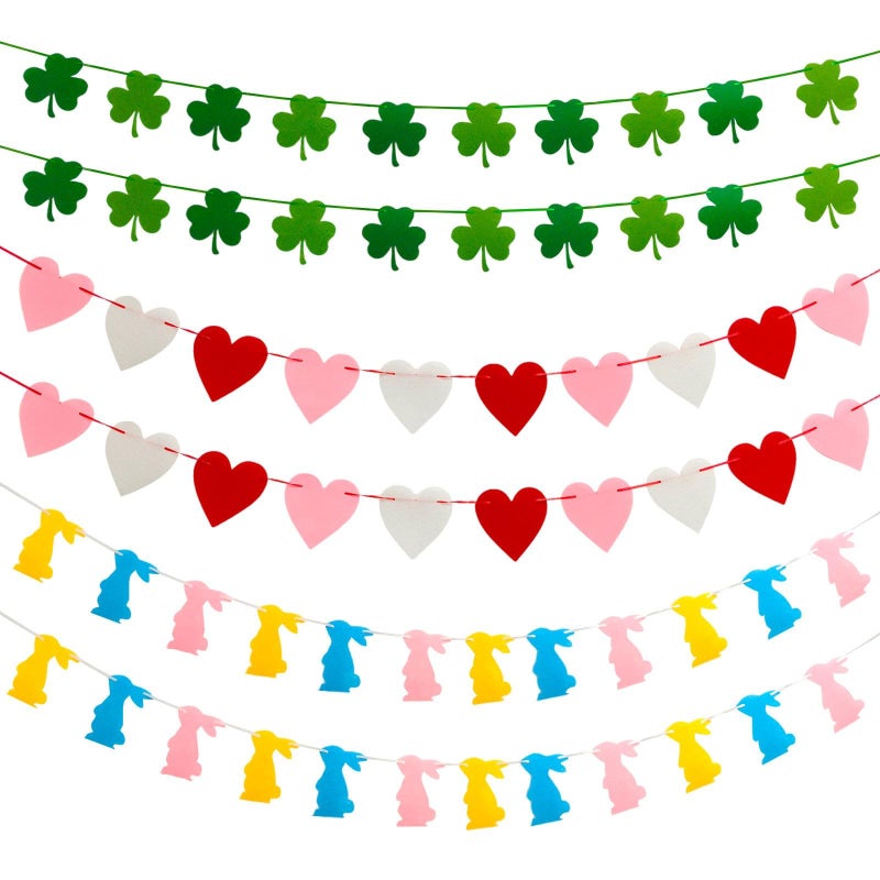 YOUDRN Valentines Day Decorations 6pcs Felt Garland Pre-Assembled Versatile Valentine's Day Hearts St. Patrick's Day Shamrock Easter Bunny Banner Set,Valentine's Day Garland Decor for Home,Mantle,Wall,Office - Image 1