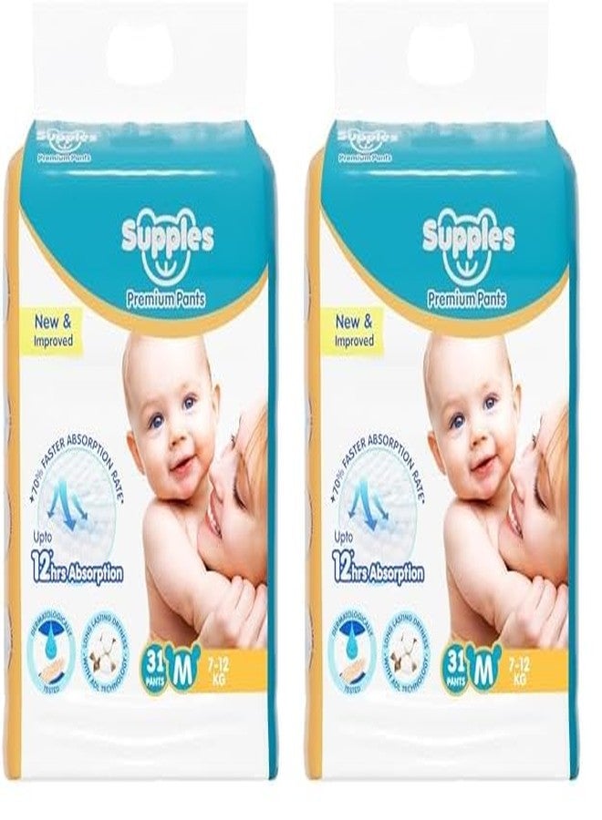 Amazon Brand - Supples Premium Diapers, Medium (M), 31 Count, 7-12 Kg, 12 hrs Absorption Baby Diaper Pants (Pack of 2)
