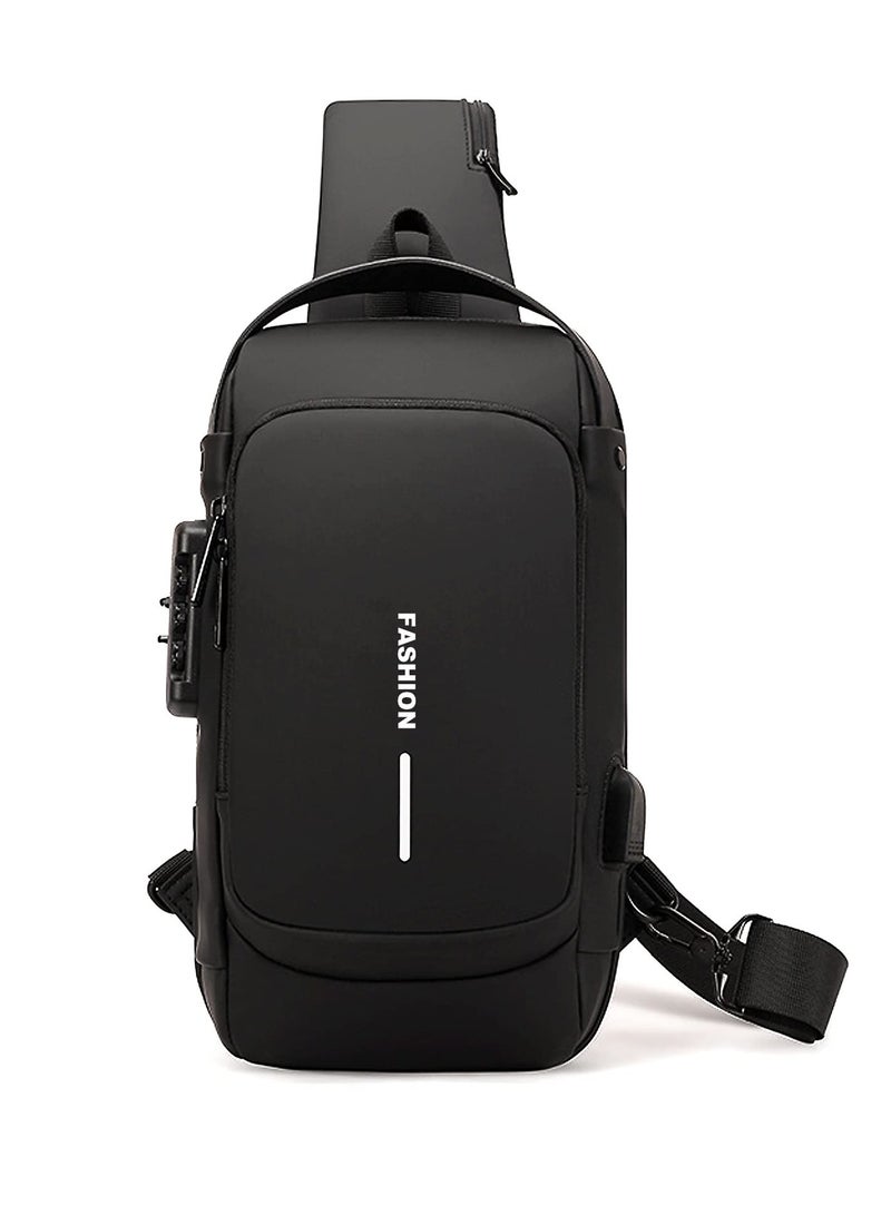 حقيبة كتف مضادة للسرقة مقاومة للماء مع شحن USB، حقيبة ظهر خفيفة الوزن بسعة كبيرة للرجال والنساء، باللون الأسود - Image 1