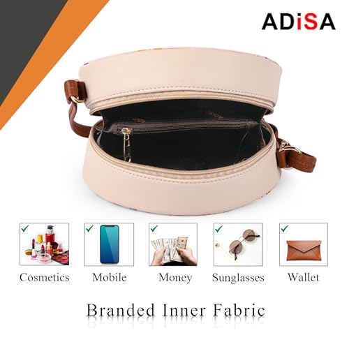 ADISA Women Girls Flower Print Sling Bag Round Crossbody Purse (SL6007-CRE_Cream) - Image 4