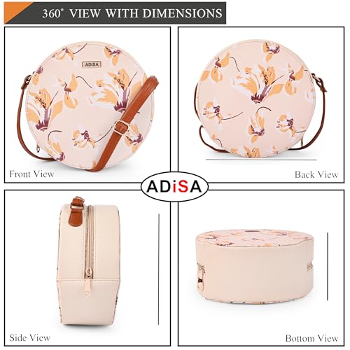 ADISA Women Girls Flower Print Sling Bag Round Crossbody Purse (SL6007-CRE_Cream) - Image 2