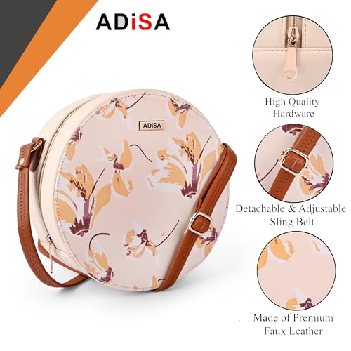 ADISA Women Girls Flower Print Sling Bag Round Crossbody Purse (SL6007-CRE_Cream) - Image 3