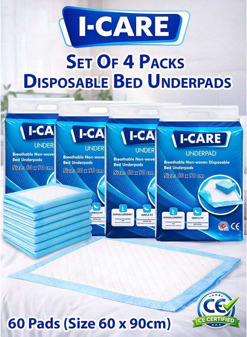 I-CARE Disposable Underpads 60x90 cm Leak-Proof Bed & Mattress Protector Pads – Ultra Absorbent Incontinence Underpad with SAP & Fluff Pulp Core Waterproof PE Backing Soft Non-Woven Top Sheet Hypoallergenic Medical Grade Protection for Baby Changing Elderly Care Home & Hospital Use Pet Training 4 Pack 60 Pcs Pads
