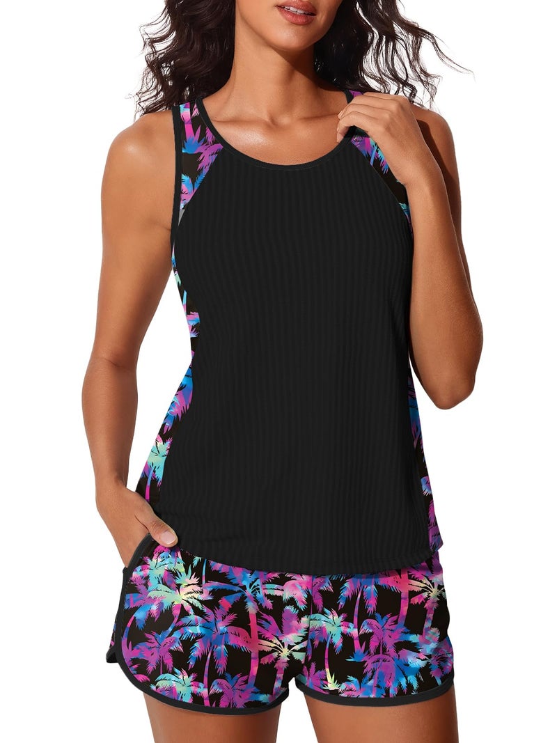 Summer Mae Modest Tankini Swimsuits for Women 2026 Textured Ribbed Bathing Suits Tummy Control Swim Shorts with Pockets Multicolor Palm Size 12 - Image 1