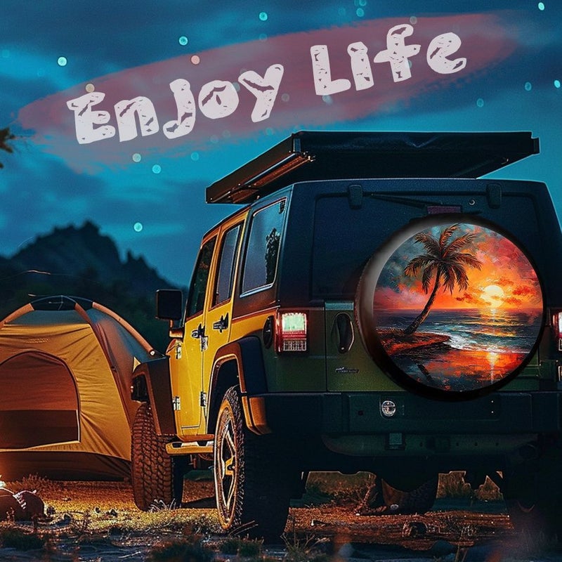 مطبوع شروق الشمس على شاطئ المحيط النابض بالحياة، حامي الإطارات مقاس 30 بوصة، مناسب لسيارات الجيب وسيارات الدفع الرباعي والشاحنات والمقطورات، مصنوع من نسيج البوليستر المتين، ملحق خارجي للمركبات. - Image 5