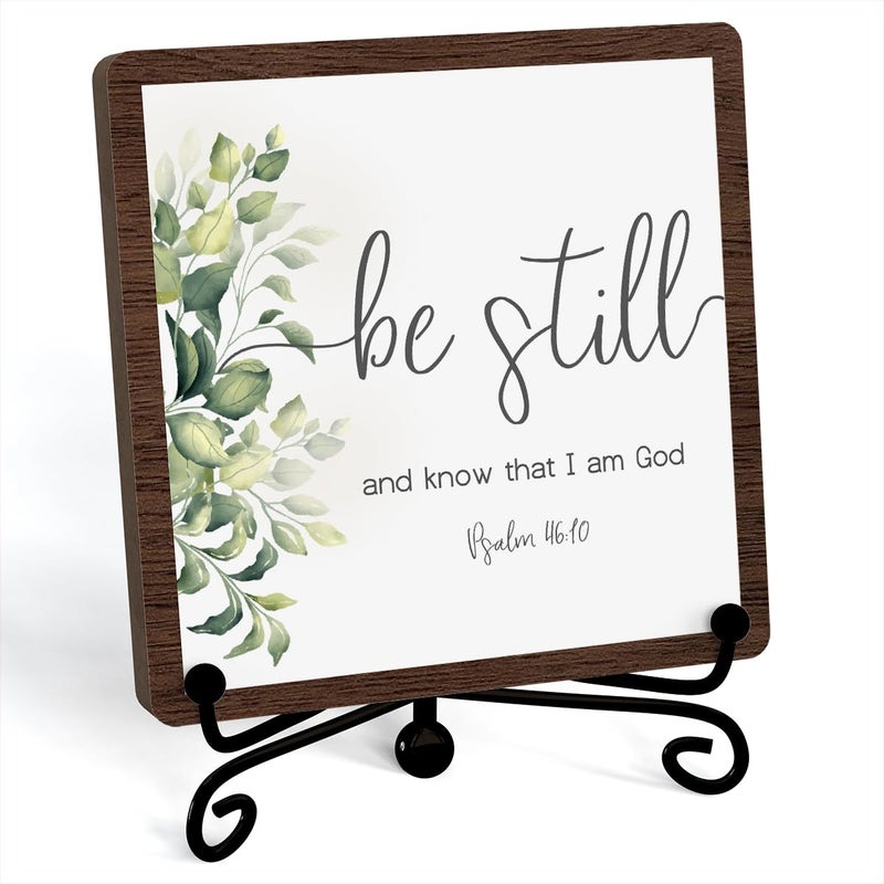 Jusitakeet Inspirational Christian Desk Decor  Be Still And Know That I Am God Sign  Desk Decorations For Office Home Living Room Bathroom  Eucalyptus Shelf Decor  Wooden Plaque With Stand (C10) - Image 1