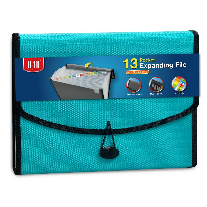 H4D 13-Pocket Accordion File Organizer with Mesh Pocket, Expanding File Folder with Tabs, Expandable Document Organizer for Home Office School, Letter Size, Teal - Image 1