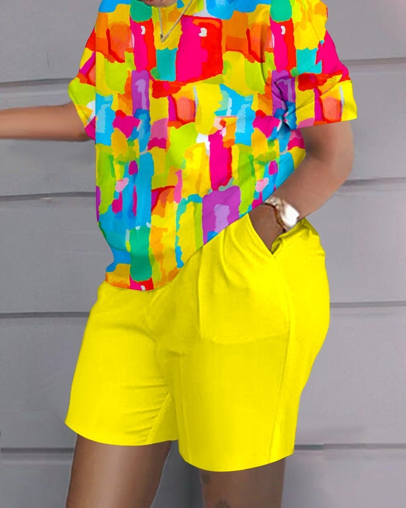 Hip-Hop Street Trendy Plus-Size Womens Casual Outfit Yellow print