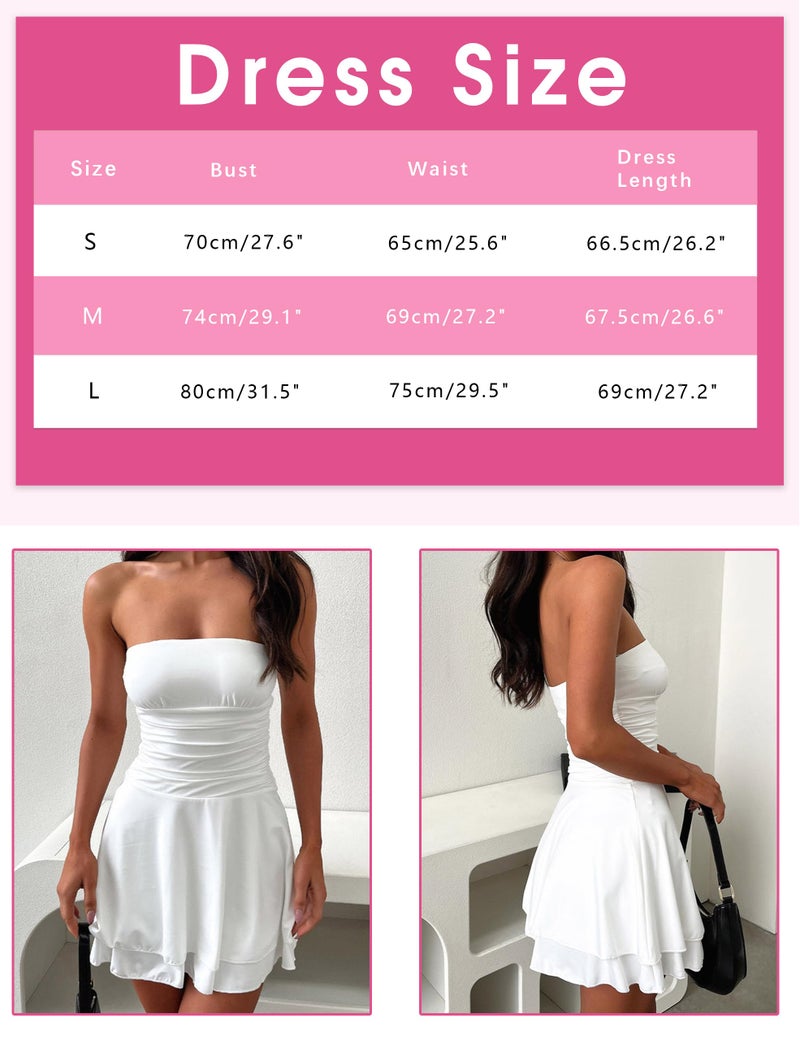 Meladyan Women’s Solid Strapless Tube Mini Dress Sleeveless Flowy Bustier Swing Dress Off Shoulder Ruched Beach Summer Dress White - Image 5
