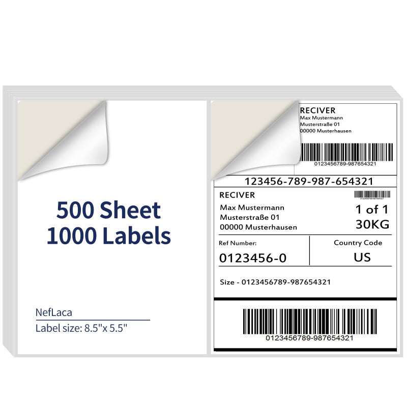 NefLaca 85 x 55 Half Sheet Shipping Labels for Laser and Inkjet Printers 2 Per Page Self Adhesive Mailing Labels White Blank Labels 500 Sheet 1000 Labels