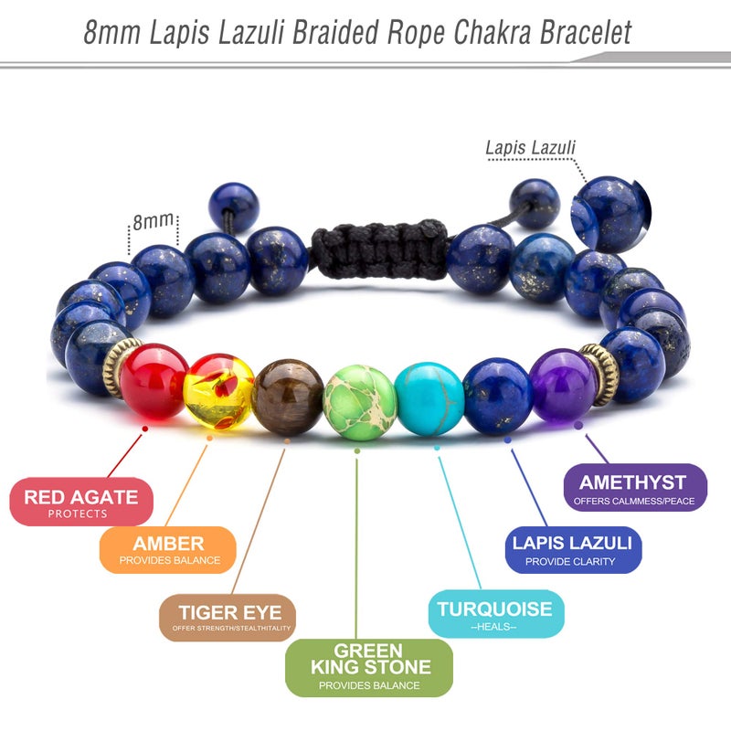 Hamoery 8mm Lava Rock 7 Chakras Diffuser Bracelet Braided Rope Natural Stone Yoga Beads Bracelet Bangle (Lapis lazul) - Image 2