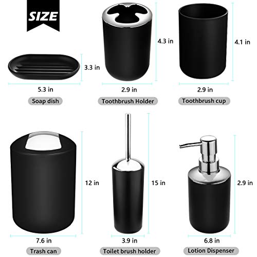 Papillon 6-Piece Bathroom Accessories Set, Toothbrush Holder with Cup, Soap Dispenser & Dish, Toilet Brush, Trash Can, Tumbler Set (Black) - Image 2