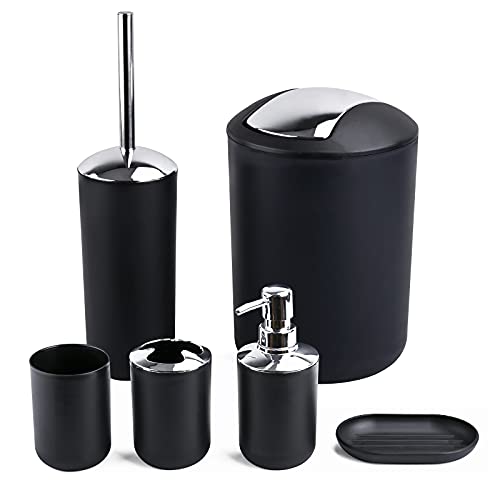 Papillon 6-Piece Bathroom Accessories Set, Toothbrush Holder with Cup, Soap Dispenser & Dish, Toilet Brush, Trash Can, Tumbler Set (Black) - Image 1
