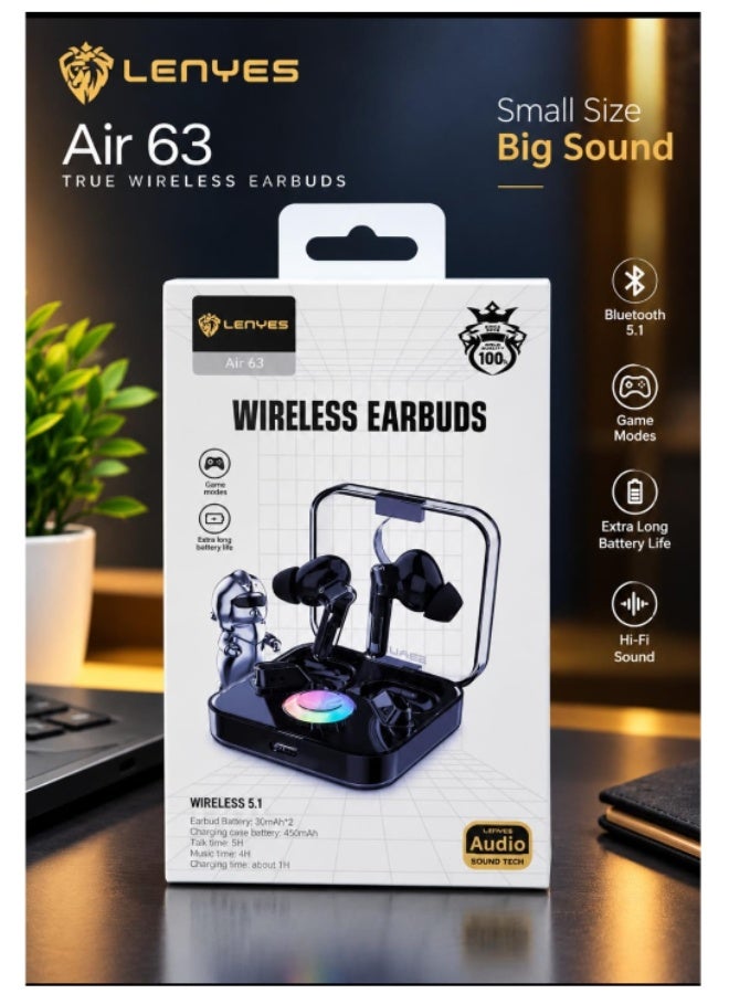 Lenyes Air 63 true wireless earbuds featuring a transparent charging case design with a colorful glowing accent and Bluetooth 5.1 connectivity. - Image 1