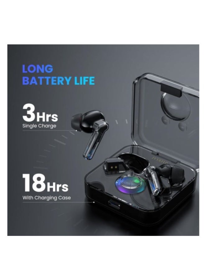 Lenyes Air 63 true wireless earbuds featuring a transparent charging case design with a colorful glowing accent and Bluetooth 5.1 connectivity. - Image 2