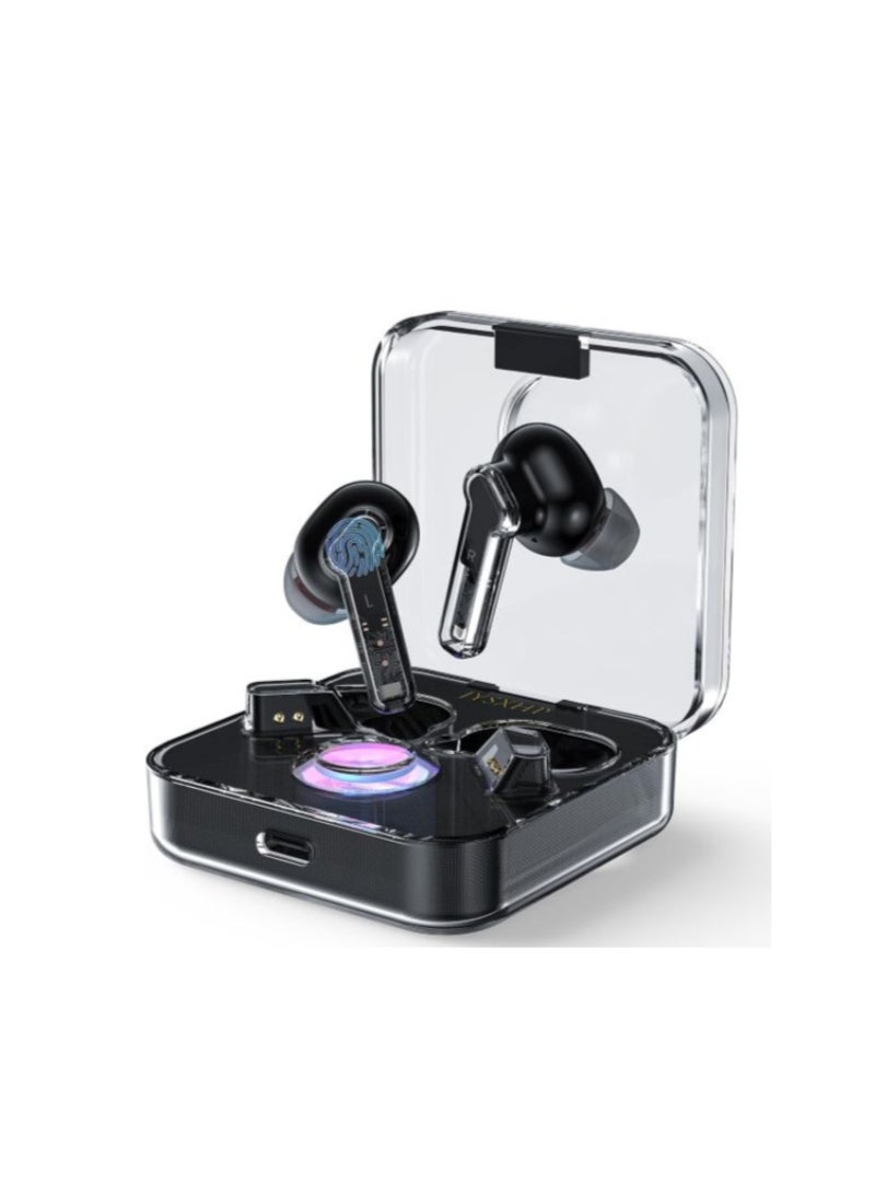 Lenyes Air 63 true wireless earbuds featuring a transparent charging case design with a colorful glowing accent and Bluetooth 5.1 connectivity. - Image 3