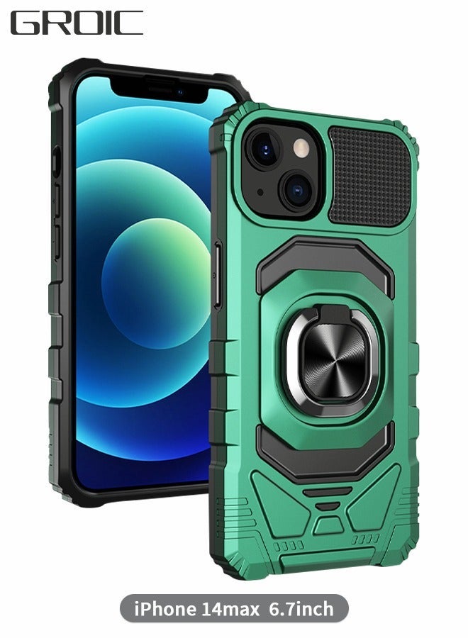 GROIC For Iphone 14 Max Case, Heavy Duty Shockproof Solid Ring Stand Phone Cover, Four Corner Shell, Magnetic Car Case 6.7 Inch (green) - Image 1