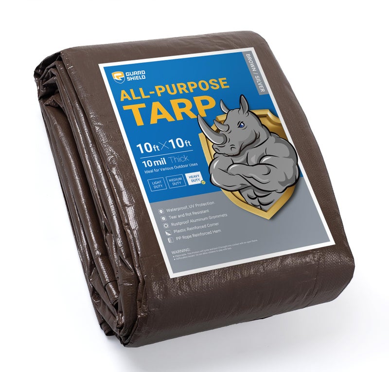 GUARD SHIELD Tarps Heavy Duty Waterproof 10x10 Feet BrownBright Silver Poly Tarp Cover Square Outdoor Thick UV Resistant Tarpaulin with Grommets 10mil