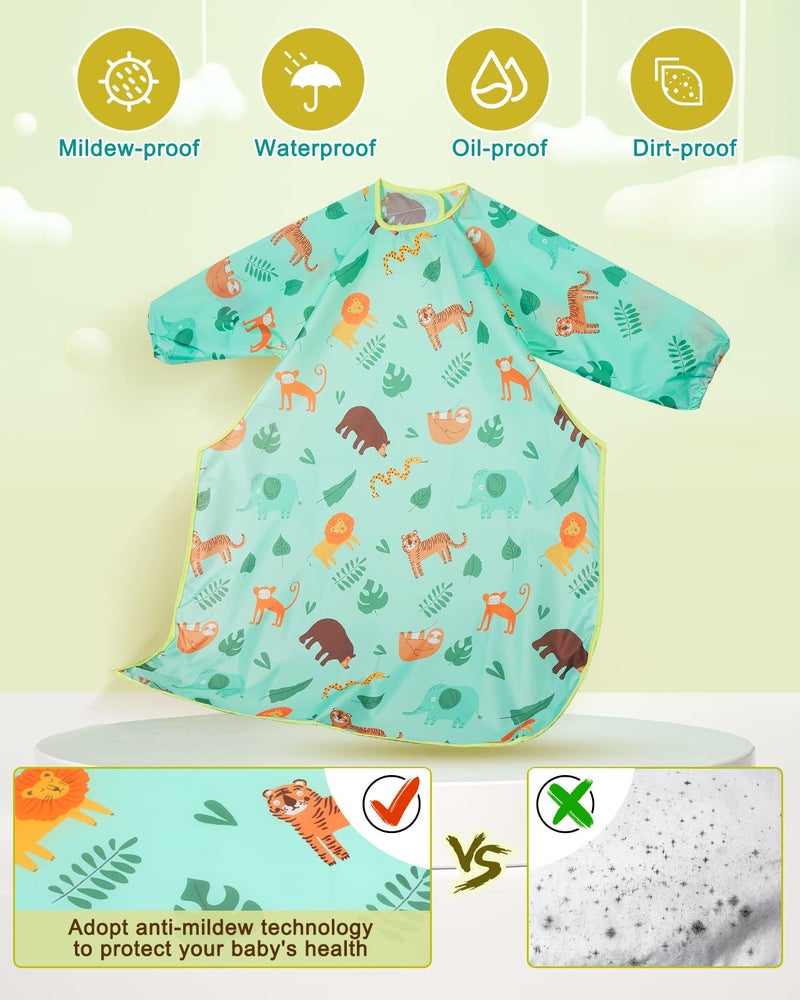Lictin Coverall Baby Feeding Bibs - 2-Pack Long Sleeve Baby Bibs for Eating, Adjustable Weaning Bibs, Waterproof Bib Attaches and Fully Cover to Baby Highchair and Table