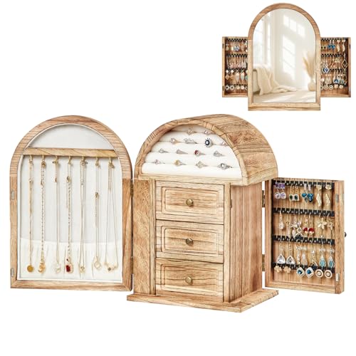 Poyilooo Jewelry Box Organizer, Solid Wood Jewelry Box Storage Necklaces Rings Earrings Bracelets with Mirror & Drawers, Christmas Gifts for Women(Carbonized Brown) - Image 1