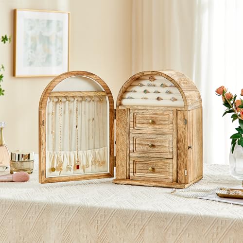 Poyilooo Jewelry Box Organizer, Solid Wood Jewelry Box Storage Necklaces Rings Earrings Bracelets with Mirror & Drawers, Christmas Gifts for Women(Carbonized Brown) - Image 4