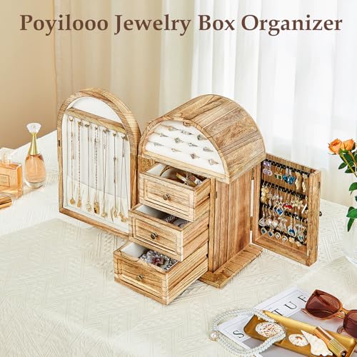 Poyilooo Jewelry Box Organizer, Solid Wood Jewelry Box Storage Necklaces Rings Earrings Bracelets with Mirror & Drawers, Christmas Gifts for Women(Carbonized Brown) - Image 3