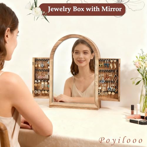 Poyilooo Jewelry Box Organizer, Solid Wood Jewelry Box Storage Necklaces Rings Earrings Bracelets with Mirror & Drawers, Christmas Gifts for Women(Carbonized Brown) - Image 5