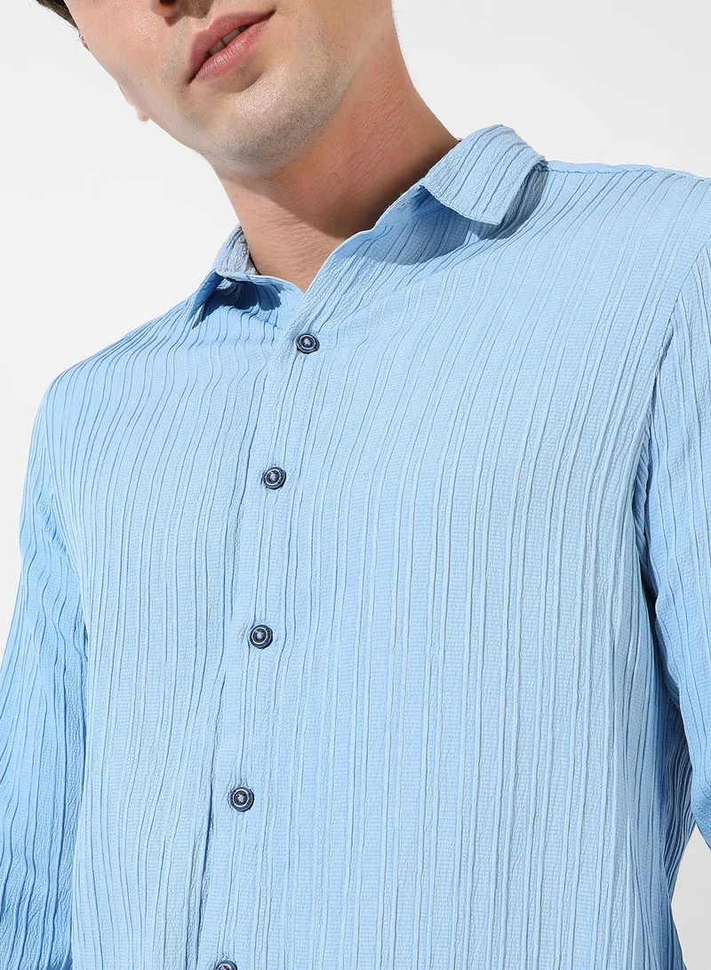Campus Sutra Men's Powder Blue Self-Design Striped Shirt
