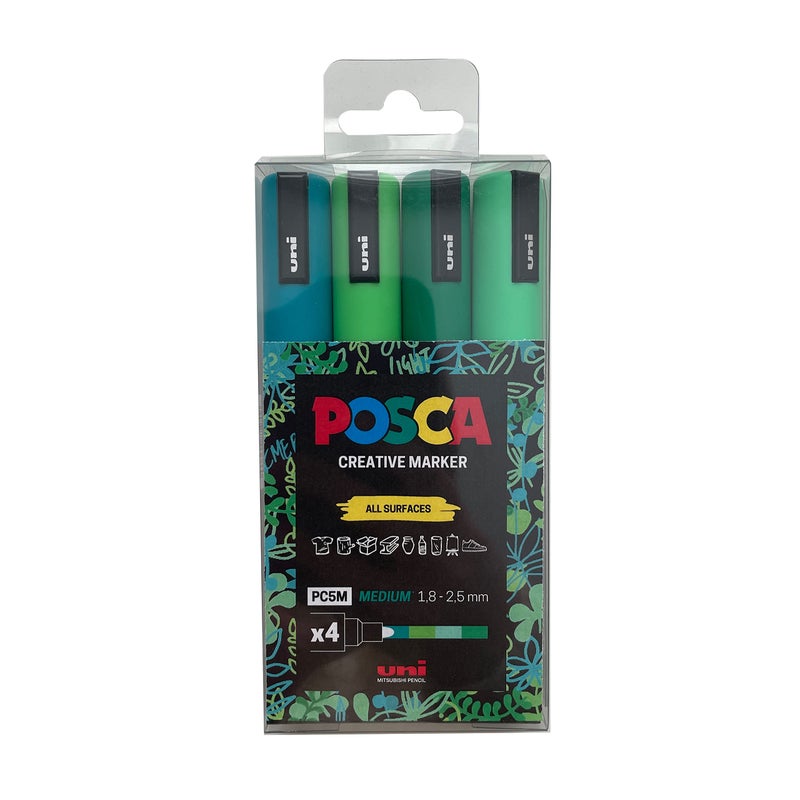 Posca Paint Markers Set of 4 Green Tones 5M Medium Markers with Reversible Tips Marker Set of Acrylic Paint Pens Pens for Art Supplies Fabric Paint Fabric Markers - Image 1