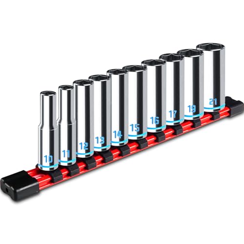 pgroup 3/8-Inch Drive Deep Socket Set, 10PCS Metric (10-21mm), 6-Point Design,Blue Embossed and Painted Marking, Mirror Chrome Finish,Cr-V Steel With Rail - Image 1