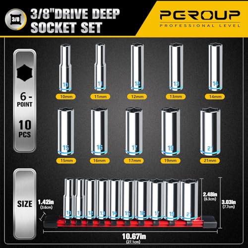 pgroup 3/8-Inch Drive Deep Socket Set, 10PCS Metric (10-21mm), 6-Point Design,Blue Embossed and Painted Marking, Mirror Chrome Finish,Cr-V Steel With Rail - Image 2