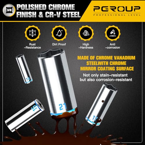 pgroup 3/8-Inch Drive Deep Socket Set, 10PCS Metric (10-21mm), 6-Point Design,Blue Embossed and Painted Marking, Mirror Chrome Finish,Cr-V Steel With Rail - Image 4
