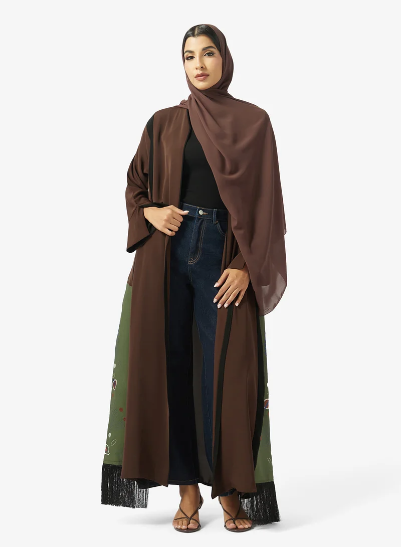 Zip Detailed Open Front V Neck Abaya