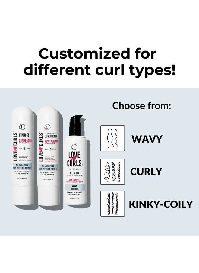 Love Ur Curls - Fragrance Free Curly Shampoo and Conditioner Set with All in One Curl Cream Styler for Wavy Hair, 3 Step System to Repair, 200 mL - Image 1