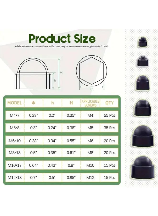 160pcs Black Nylon Dome Hex Screw Caps Floor Bolt Protectors - Image 3