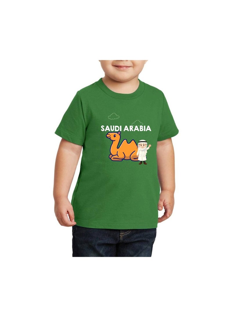 Saudi Arabia-Themed Boys Souvenir T-Shirt for Kids - Short Sleeve Round Neck Cotton Tshirt - Saudi Design with Camel - Ideal for School, Playtime - Image 1