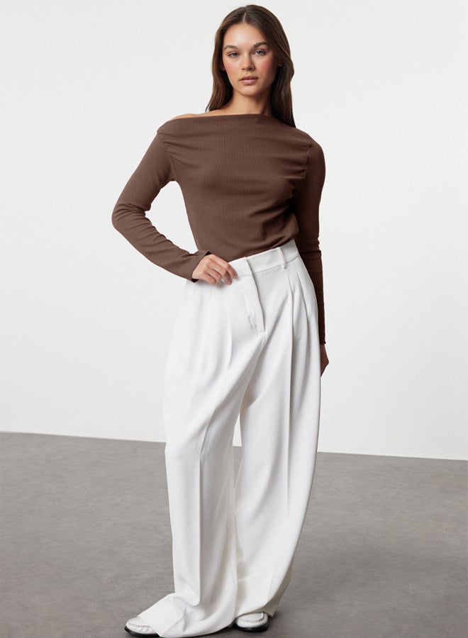 trendyol Brown Draped Boat Neck Asymmetrical Stretchy Long Sleeve Knitted Blouse - Image 3