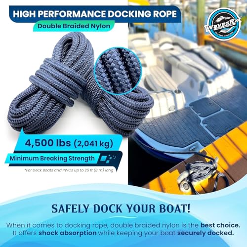 WAVESRX Premium Nylon Boat Dock Lines & Ropes for Docking & Pontoon | Double Braided Marine Rope | Boat Ropes for Docking with Loop | UV & Saltwater Resistant Dock Rope (Deep Sea Blue, 3/8” x 15’) - Image 2